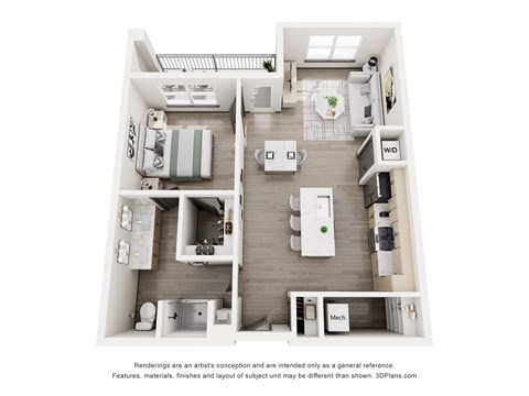 A 3D floor plan of a small apartment with a kitchen, living room, and bathroom.